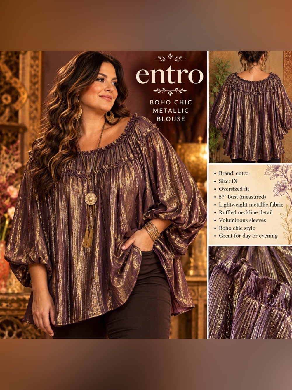 ENTRO- Metallic Plum and Gold Boho Blouse- oversized fit - 1X